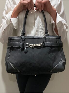 Coach Black Signature Canvas Tote with Silver Hardware